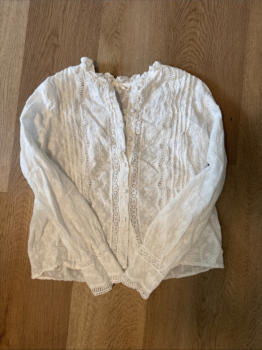 Women's White Lace Button-Front Blouse with Pintuck Detail